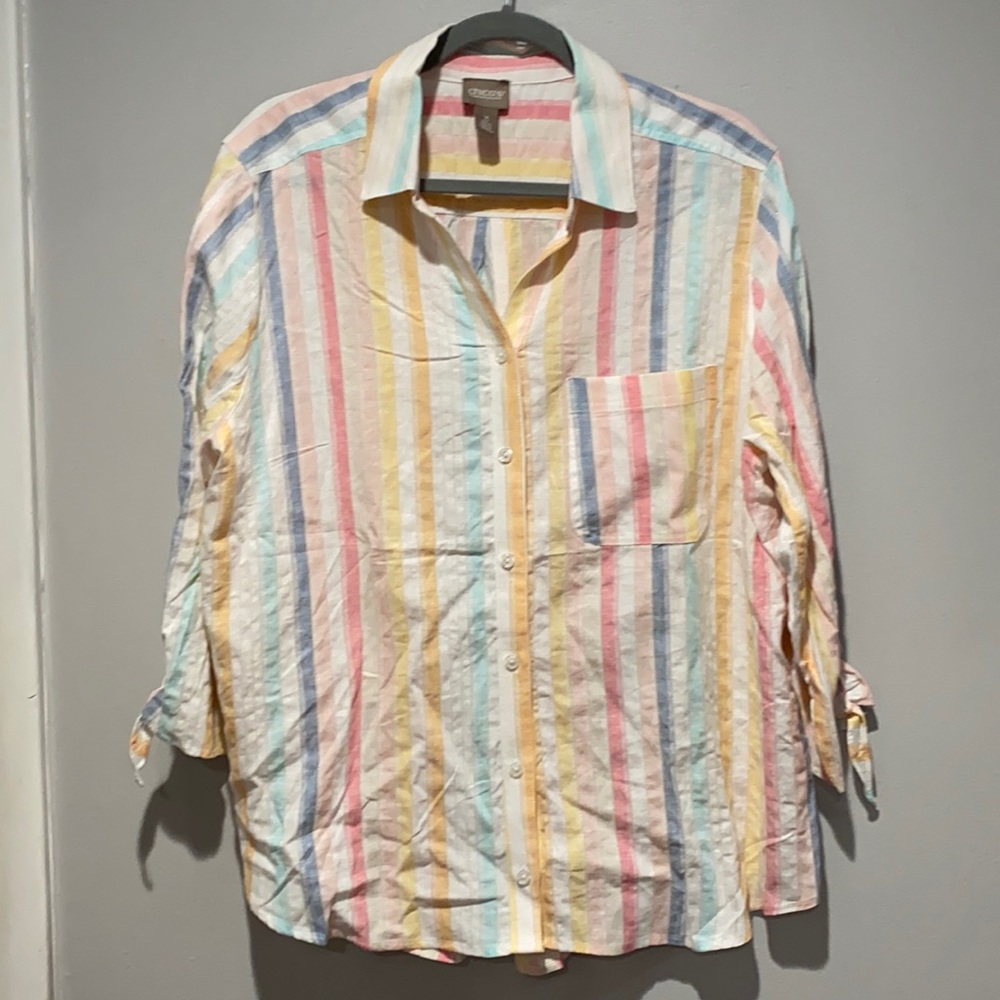 Chicos Linen Blend Striped Tie 3/4 Sleeve Button Down Shirt Size 3 - XL 16